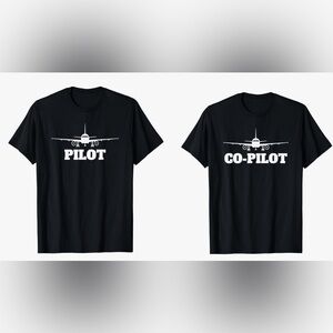 Pilot & Co-Pilot Matching TShirt Set – Men L / Women S Black Airplane Graphic